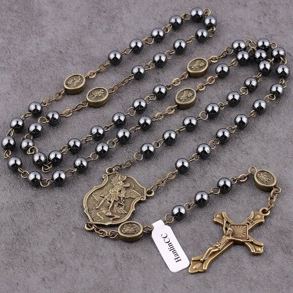Saint Michael Hematite Black Beads Catholic Rosary Necklace with Gold Plated Met - Picture 6 of 9